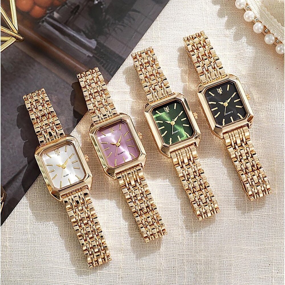 Women's Gold Green Square Quartz Wrist Watches Steel Strap Casual Fashion - Picture 3 of 6